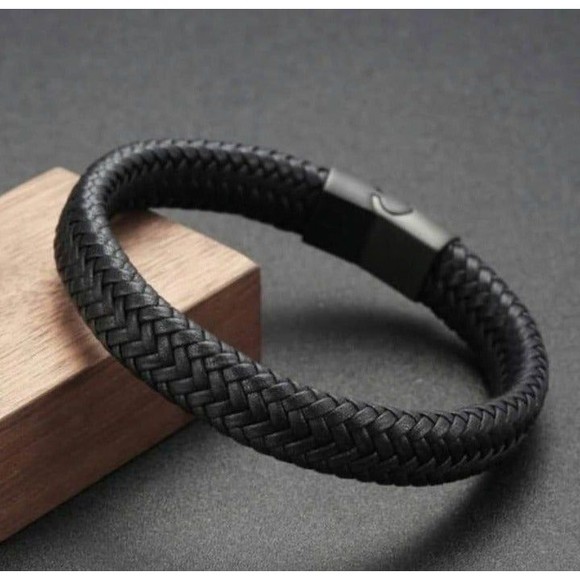 Other - Mens Fashion Handmade Leather Braided Magnetic Clasp Stainless Steel Bracelet